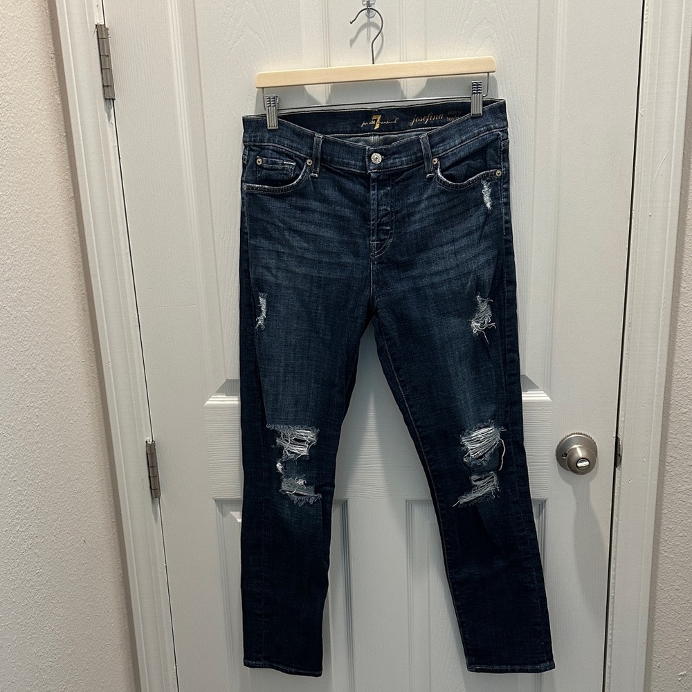 7 For All Mankind Josefina Dark Wash Distressed Women’s Skinny Boyfriend Jeans